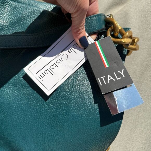 Viola Castellani Italian Leather Dark Teal Purse Large Gold Chain Crossbody NWT - Picture 8 of 16